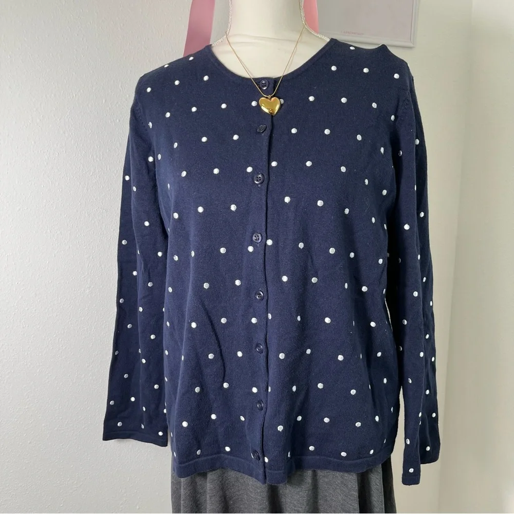 Orvis Vintage 90s Navy Blue White Polka Dot Button Cardigan Sweater Womens Large